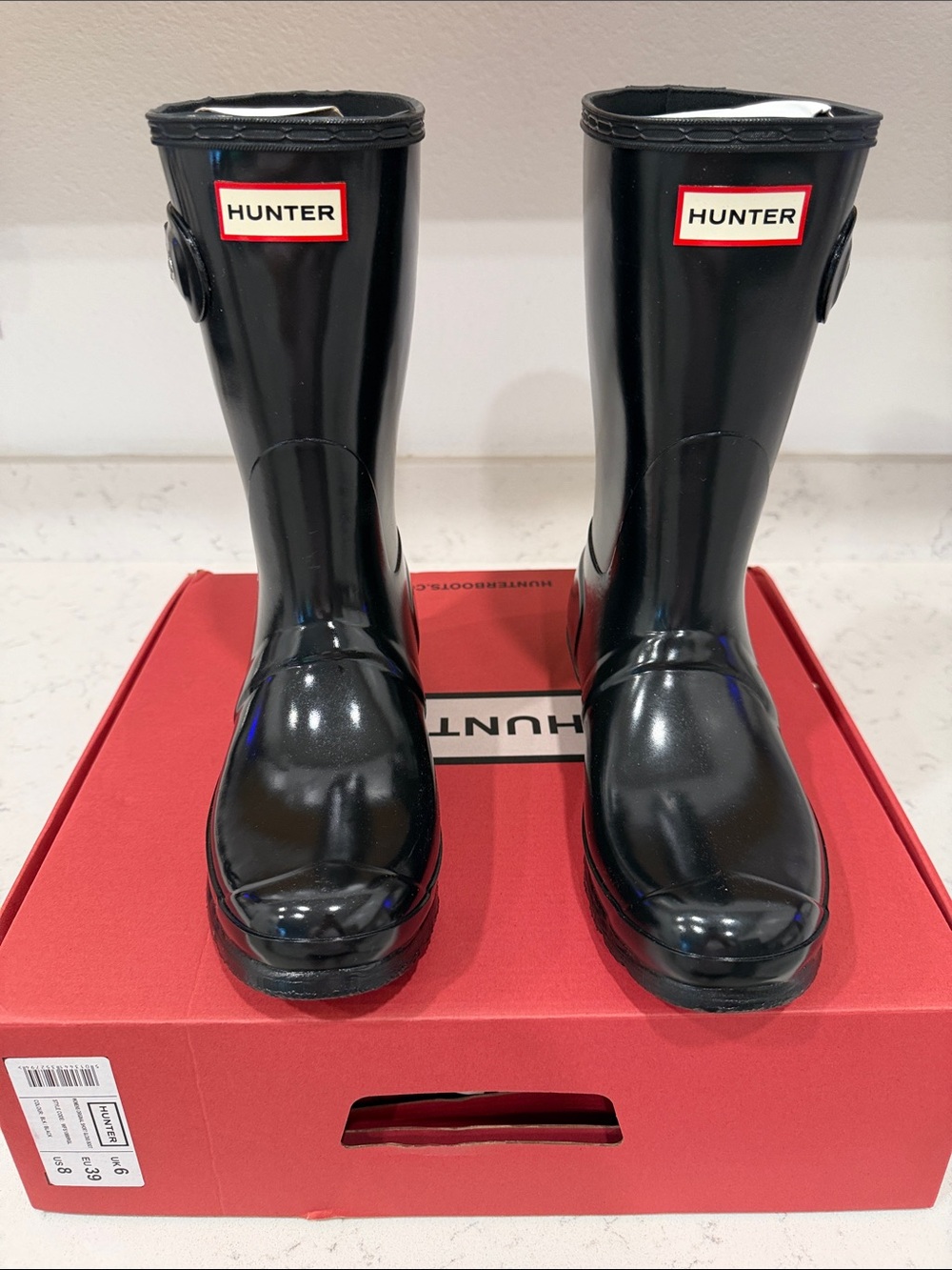 Hunter Black Gloss Short Rain Boots with Logo